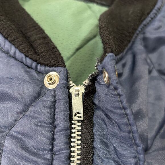 Vintage 70s Bomber Jacket Quilted Nylon Full Zip Navy Blue Military Grunge - Picture 2 of 13